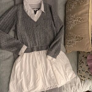 English Factory Gray Cable Knit Sweater Dress with White Skirt